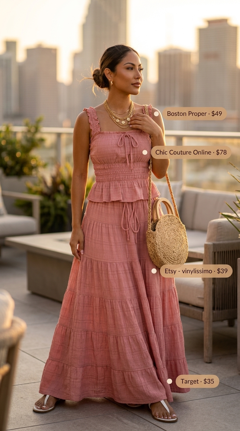 Cute Dinner Outfits Summer 2026: Bohemian Glam Cute dinner outfit summer for women 2026: Dusty rose maxi skirt set, white sandals, wood bag for bohemian rooftop dining.