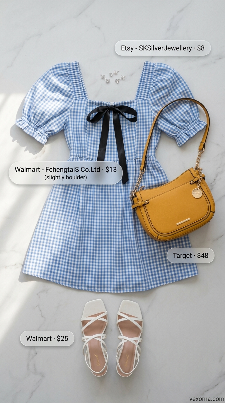 Cute Dinner Outfits Summer 2026: Playful Patio Cute dinner outfit summer for women 2026: Sky blue gingham dress, white block heels, lemon yellow bag for patio party.