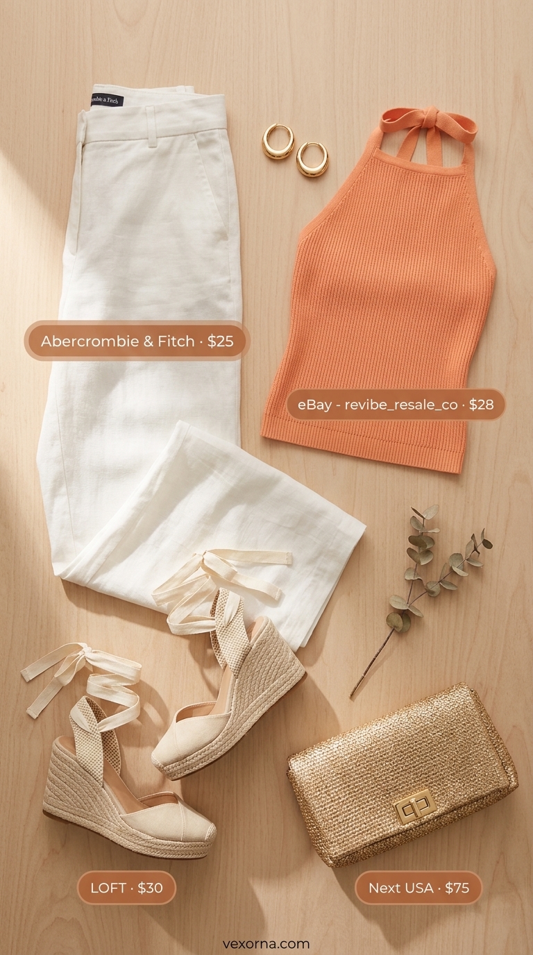 Cute Dinner Outfits Summer 2026: Riviera Chic Cute dinner outfit summer for women 2026: Ivory linen pants, peach knit top, gold espadrilles & clutch for resort dining.