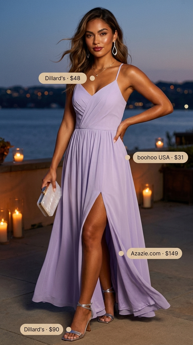 Cute Dinner Outfits Summer 2026: Lakeside Elegance Cute dinner outfit summer for women 2026: Lavender chiffon maxi dress, silver heels, white clutch for elegant lakeside.