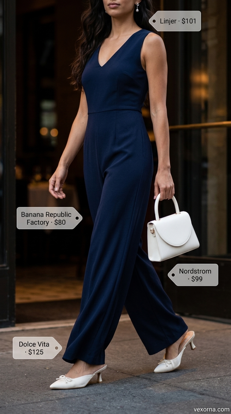 Cute Dinner Outfits Summer 2026: Marina Chic Cute dinner outfit summer for women 2026: Navy jumpsuit, white mules, silver pearl earrings for sophisticated evening.
