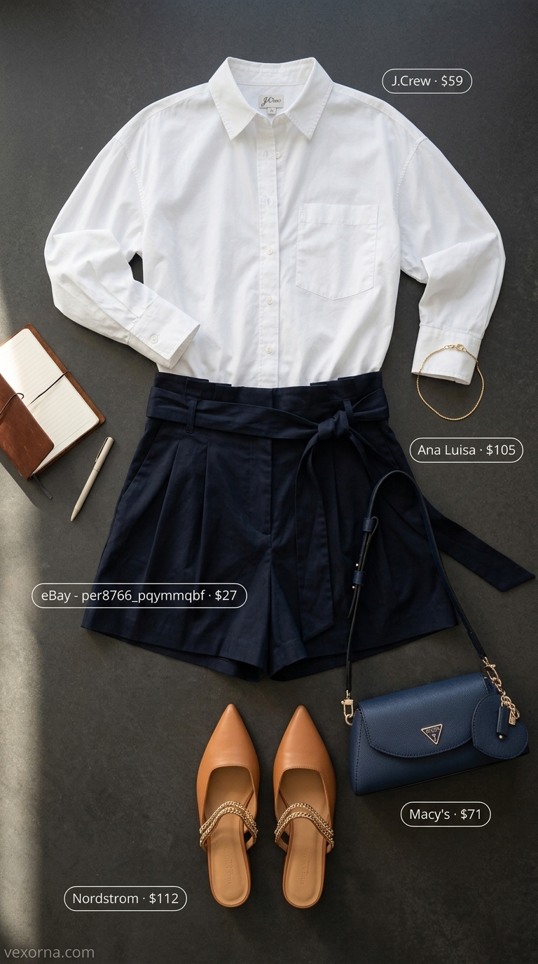Cute Dinner Outfits Summer 2026: City Chic Cute dinner outfit summer for women 2026: Navy paperbag shorts, white shirt, tan mules for city chic dining.