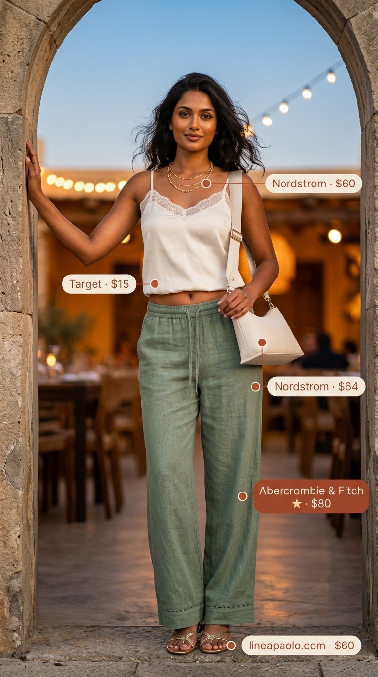Cute Dinner Outfits Summer 2026: Riviera Breeze Cute dinner outfit summer for women 2026: Sage green linen pants, cream cami, gold sandals for relaxed beach town dining.