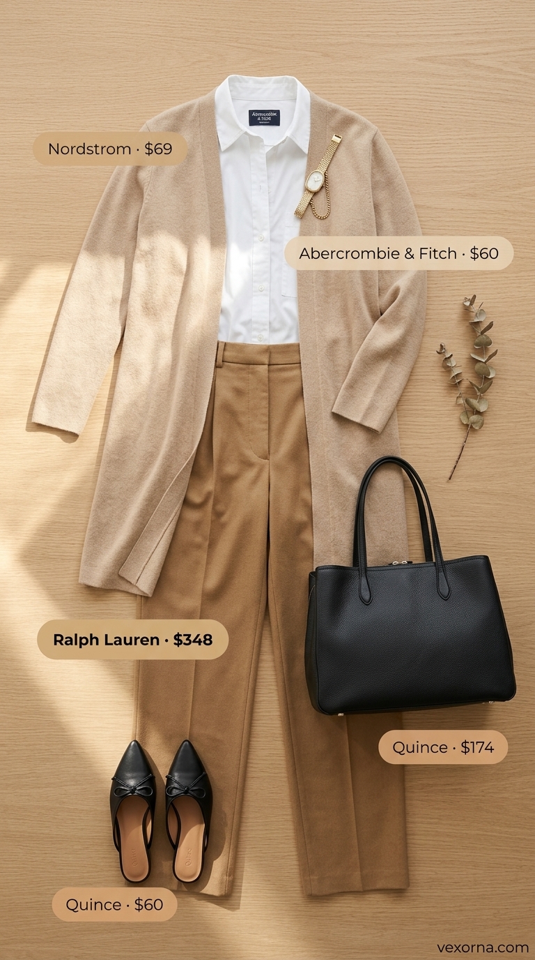 Cute summer cardigan outfits for women 2026: Beige longline cardigan over white shirt and beige trousers.