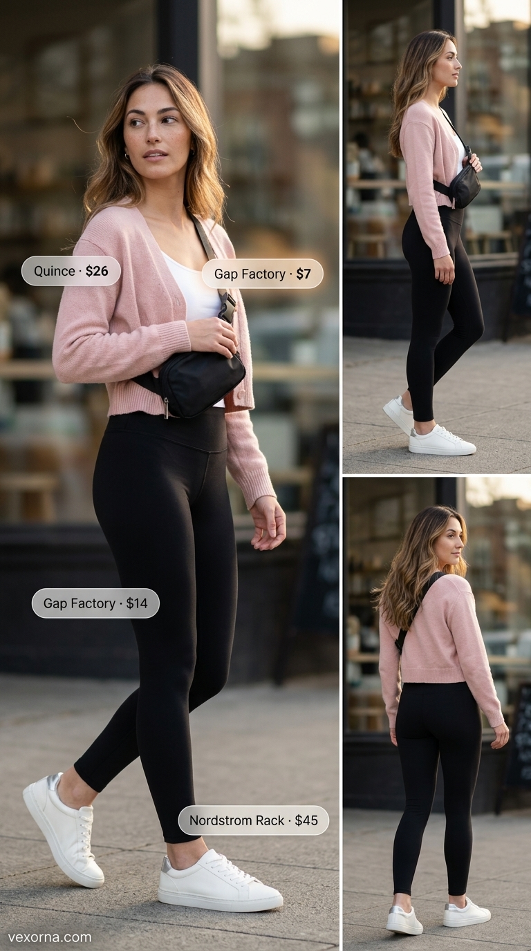 Cute summer cardigan outfits for women 2026: Blush pink cardigan, leggings, and sneakers for a coffee run.