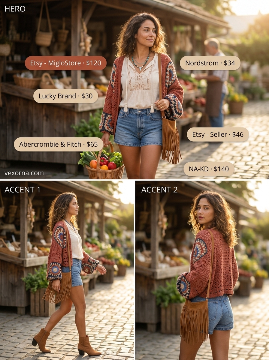 Cute summer cardigan outfits for women 2026: Boho fringe cardigan with denim shorts & peasant blouse.