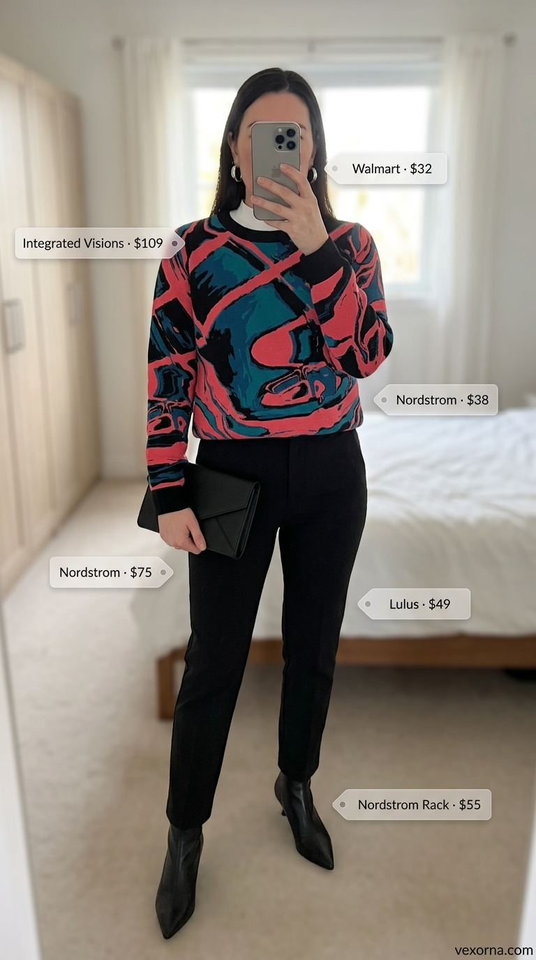 Cute summer cardigan outfits for women 2026: Bold abstract print cardigan with black trousers & white top.