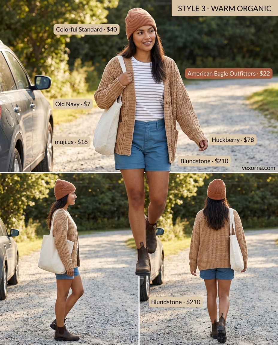 Cute summer cardigan outfits for women 2026: Camel chunky knit cardigan over white tee and denim shorts.