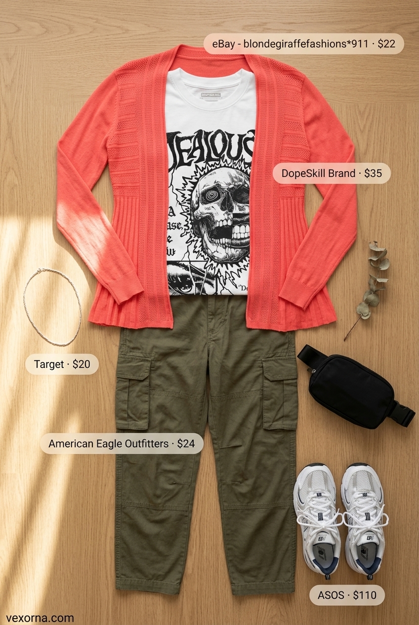 Cute summer cardigan outfits for women 2026: Coral cardigan, graphic tee, cargo pants, and sneakers.