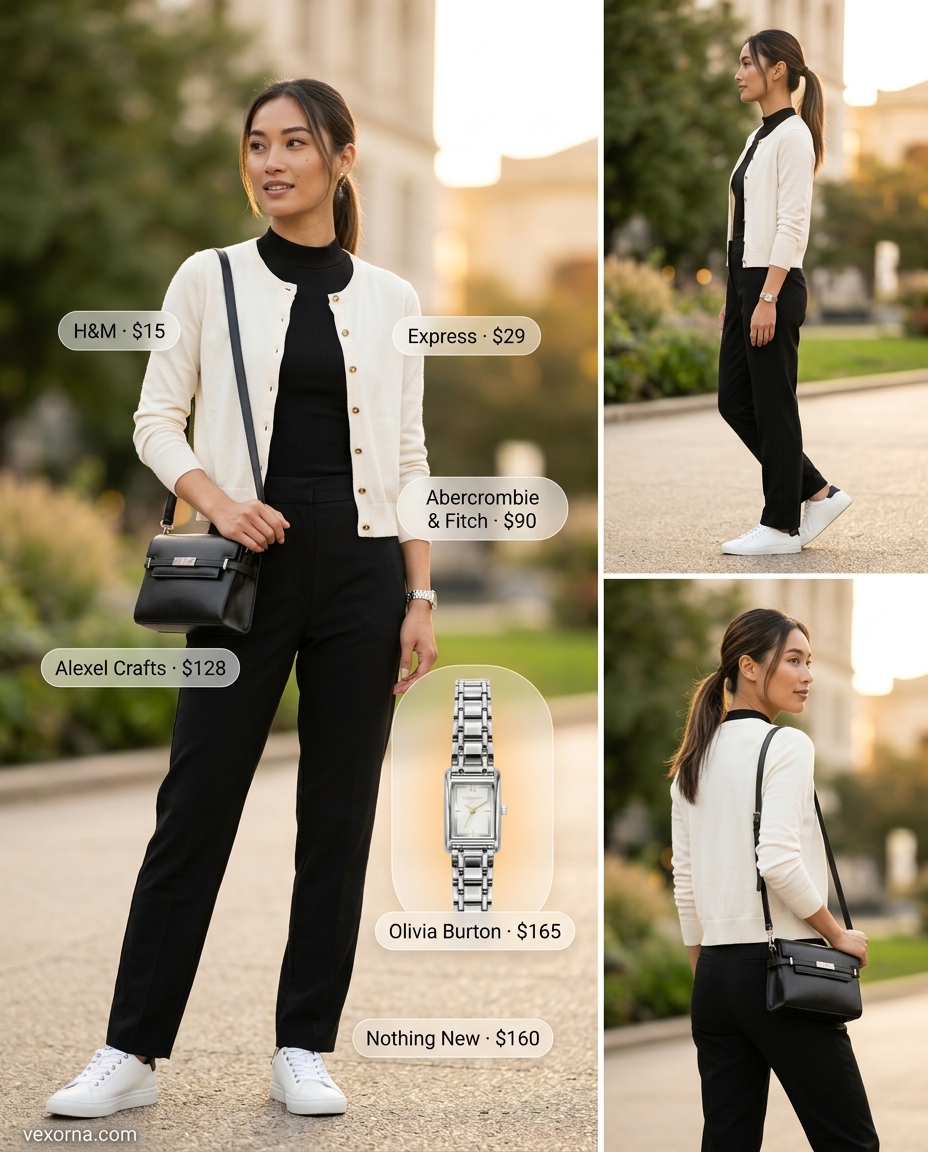 Cute summer cardigan outfits for women 2026: Cream cardigan, black trousers, and minimalist sneakers for city exploration.