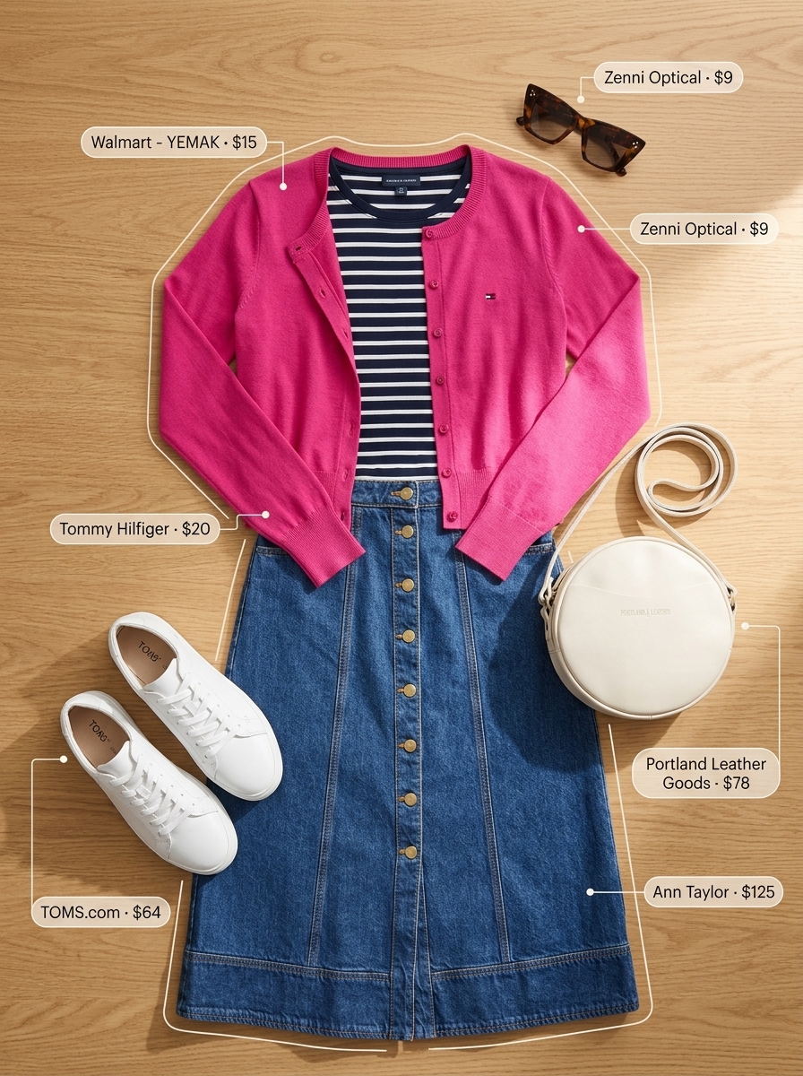 Cute summer cardigan outfits for women 2026: Retro denim skirt, pink cardigan, and striped tee for brunch.