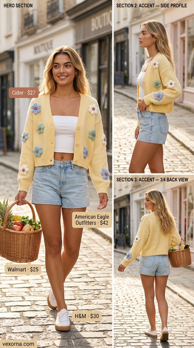 Cute summer cardigan outfits for women 2026: Pastel floral cardigan, denim shorts, and white tee for a picnic.