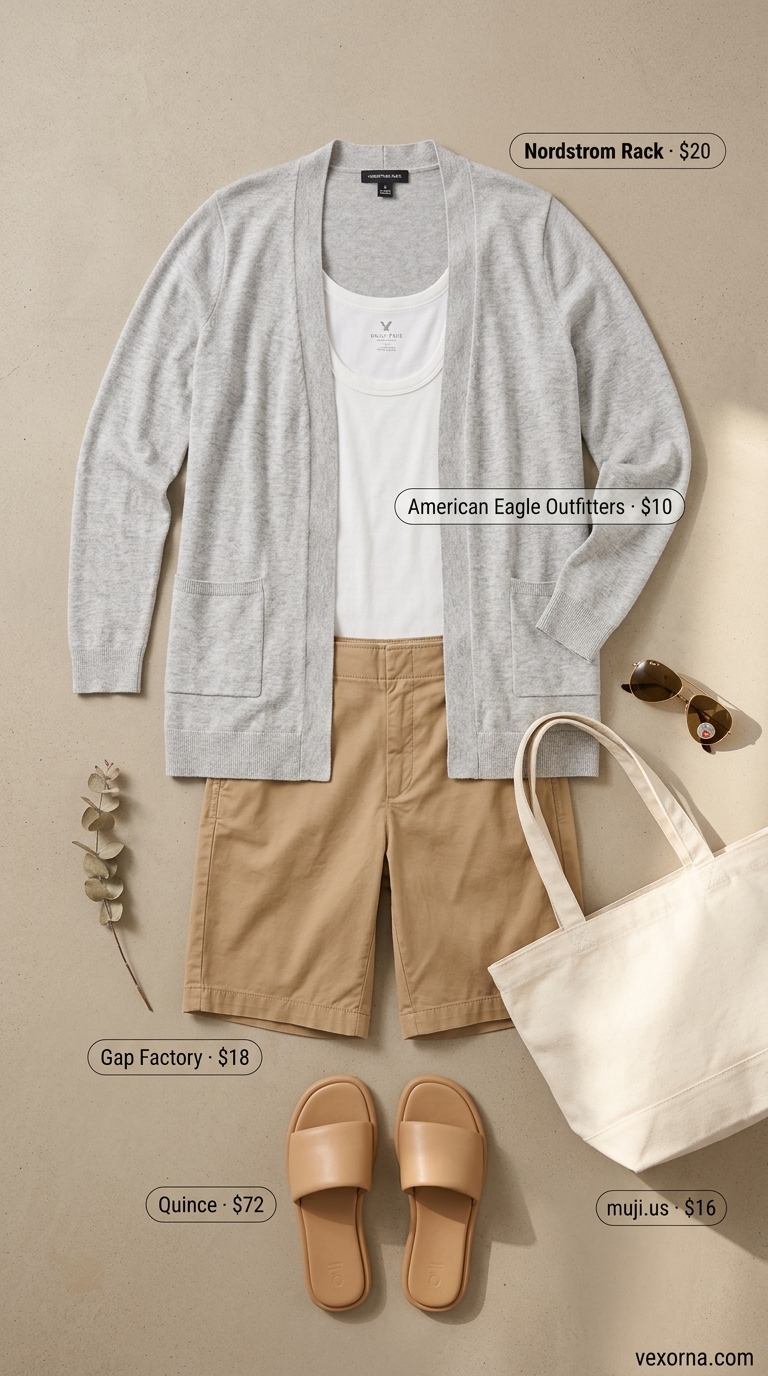 Cute summer cardigan outfits for women 2026: Light grey lightweight cardigan over white tank and tan bermuda shorts.