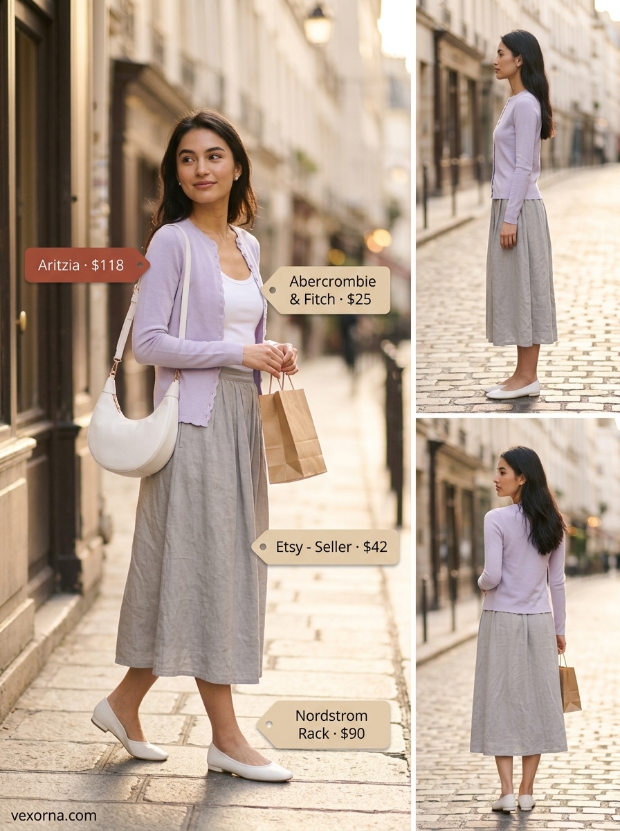 Cute summer cardigan outfits for women 2026: Lilac cardigan, midi skirt, and ballet flats for brunch.