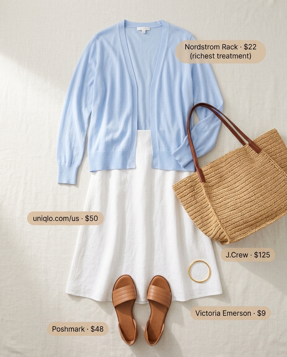 Cute summer cardigan outfits for women 2026: Coastal linen set with a sheer blue cardigan and straw tote.