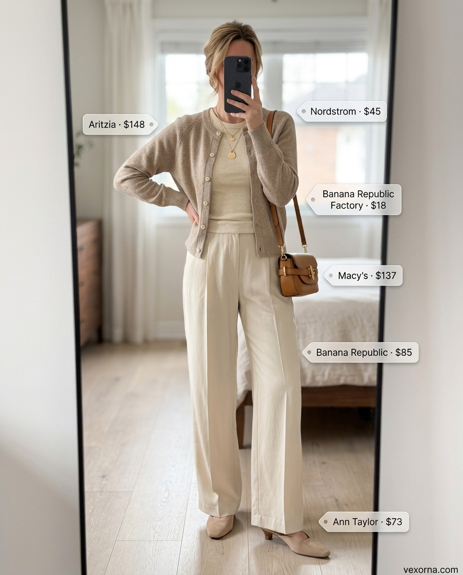 Cute summer cardigan outfits for women 2026: Beige cardigan with cream wide-leg trousers & kitten heels.