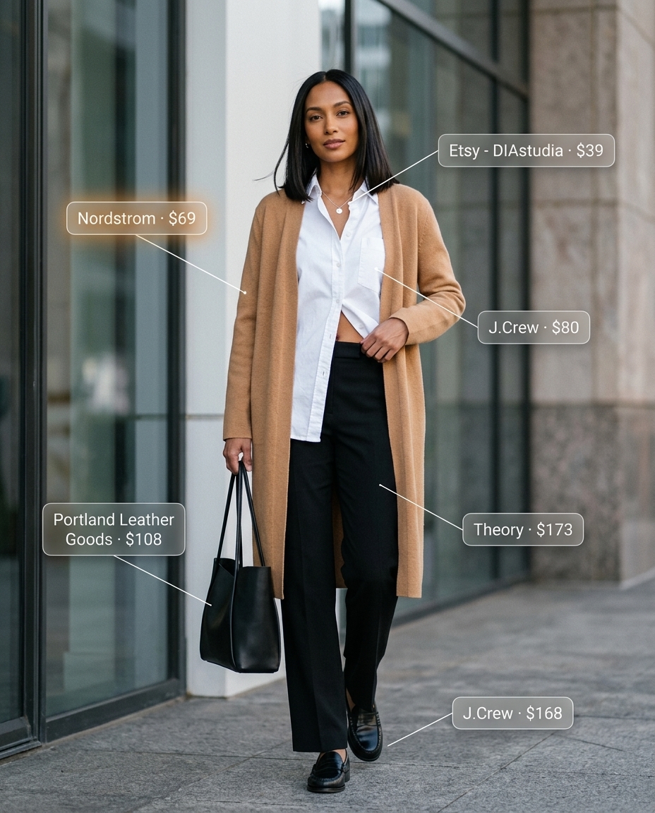 Cute summer cardigan outfits for women 2026: Neutral beige longline cardigan over white shirt and black trousers.