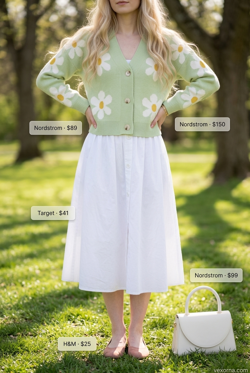 Cute summer cardigan outfits for women 2026: Pastel floral cardigan with white midi skirt & ballet flats.