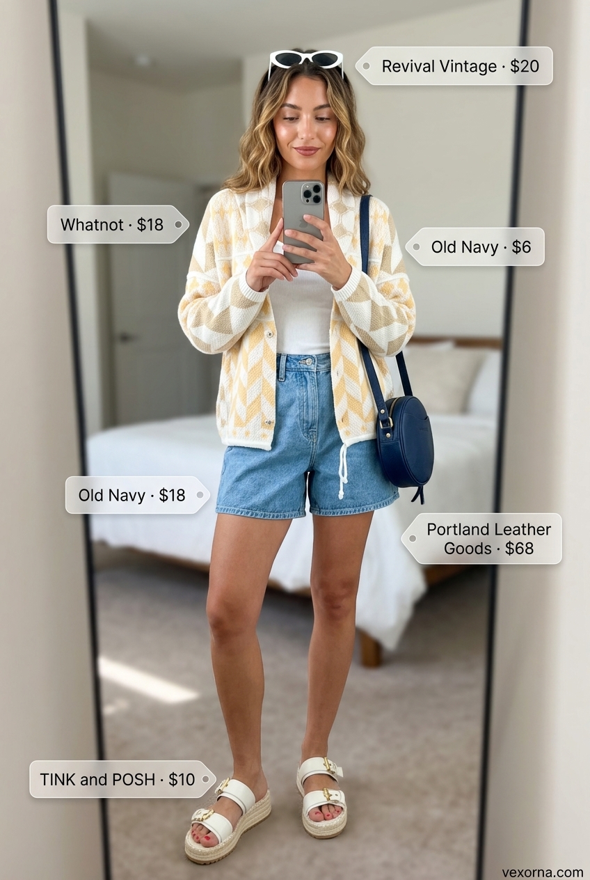 Cute summer cardigan outfits for women 2026: Retro yellow print cardigan with denim shorts & white tank.