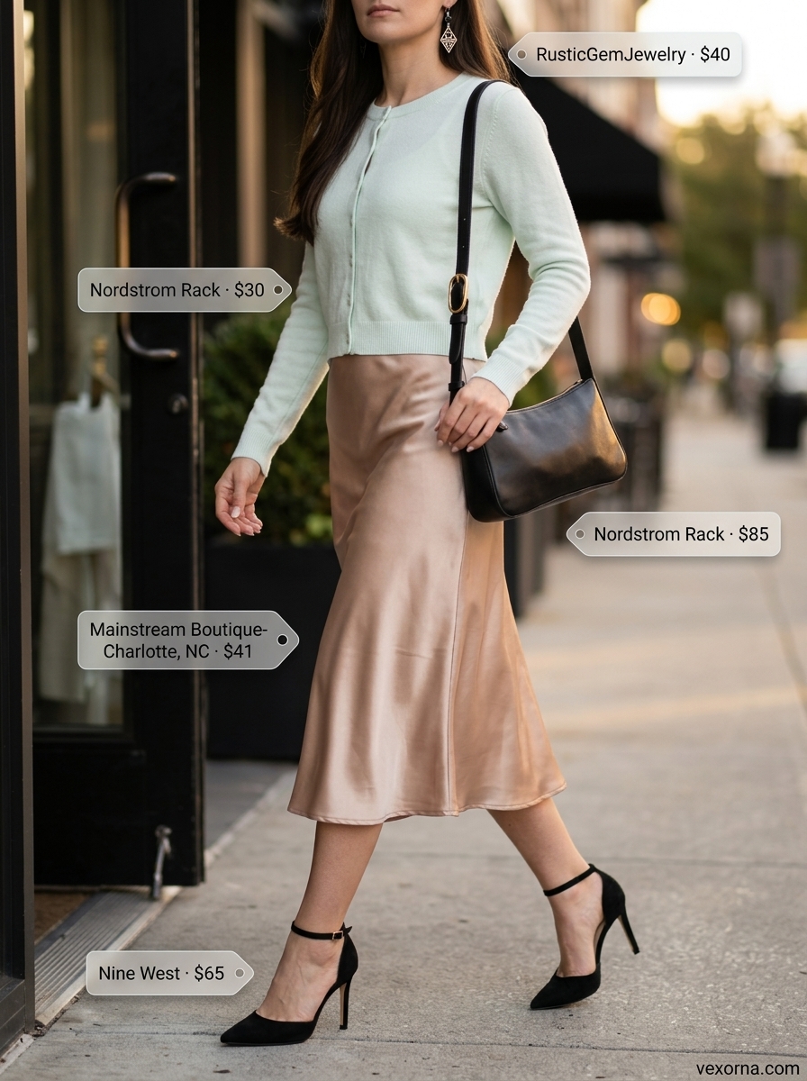 Cute summer cardigan outfits for women 2026: Sage green fine-gauge cardigan over champagne satin skirt and black mules.
