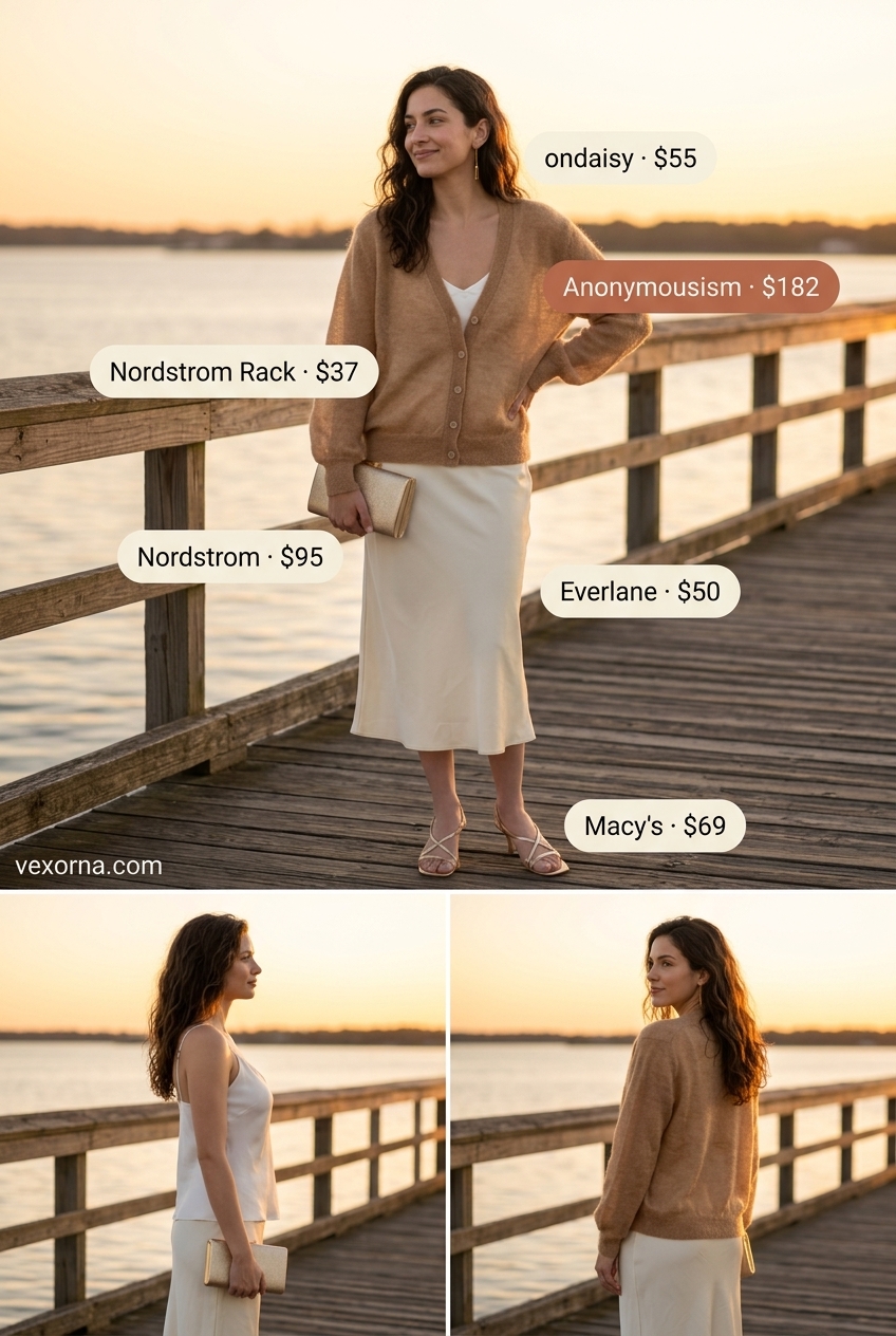 Cute summer cardigan outfits for women 2026: Sheer beige cardigan with ivory satin skirt & camisole.