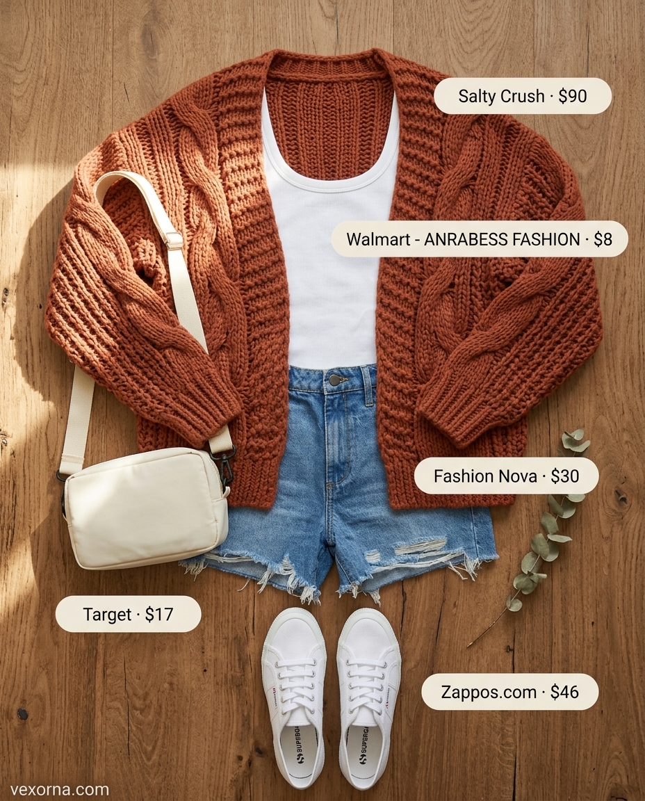 Cute summer cardigan outfits for women 2026: Terracotta chunky knit cardigan over white tank and denim shorts.