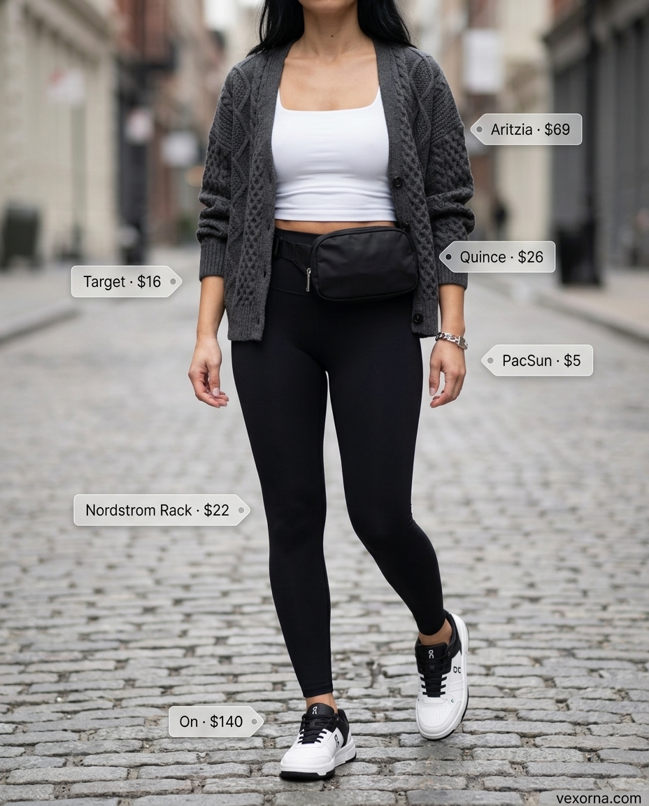 Cute summer cardigan outfits for women 2026: Charcoal grey chunky knit cardigan over white tank and black leggings.