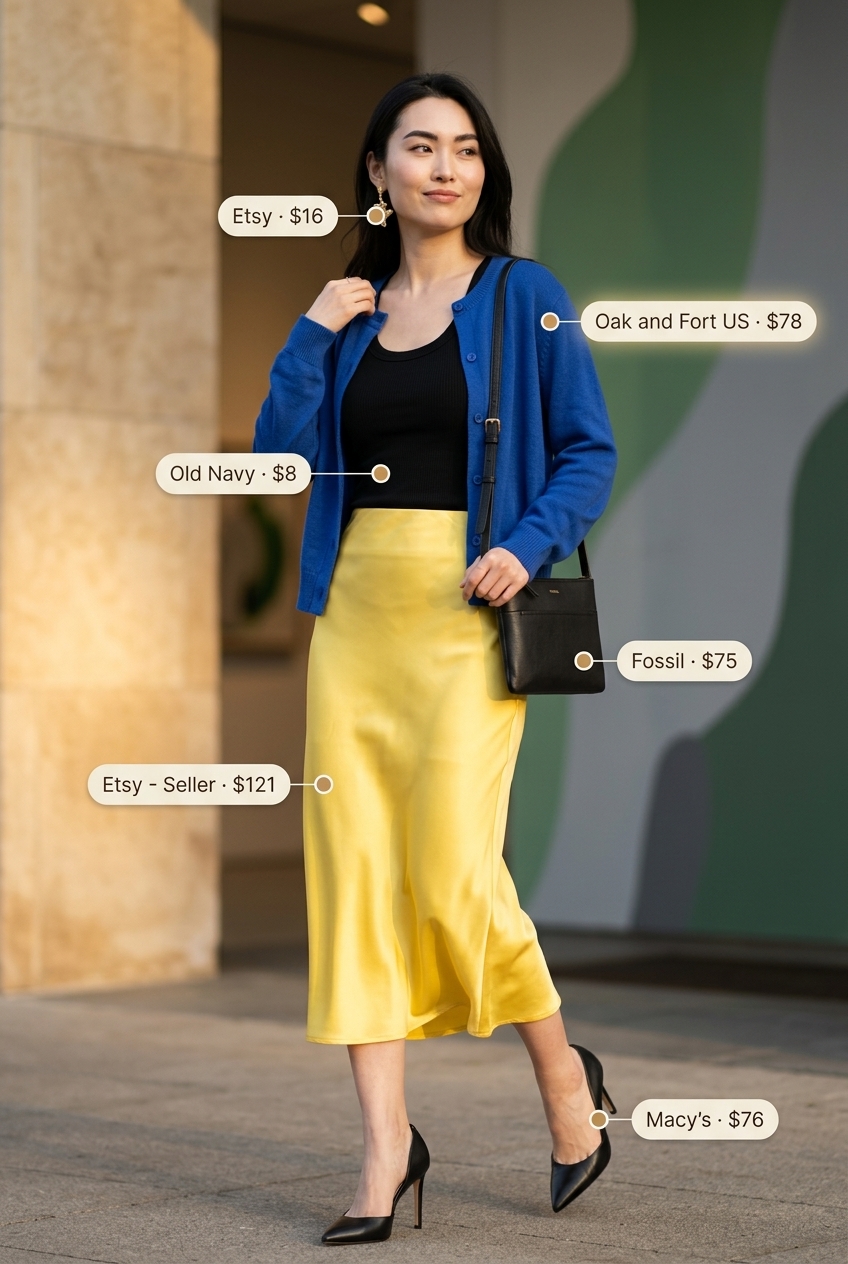 Cute summer cardigan outfits for women 2026: Bold yellow skirt, cobalt blue cardigan, and stiletto heels.