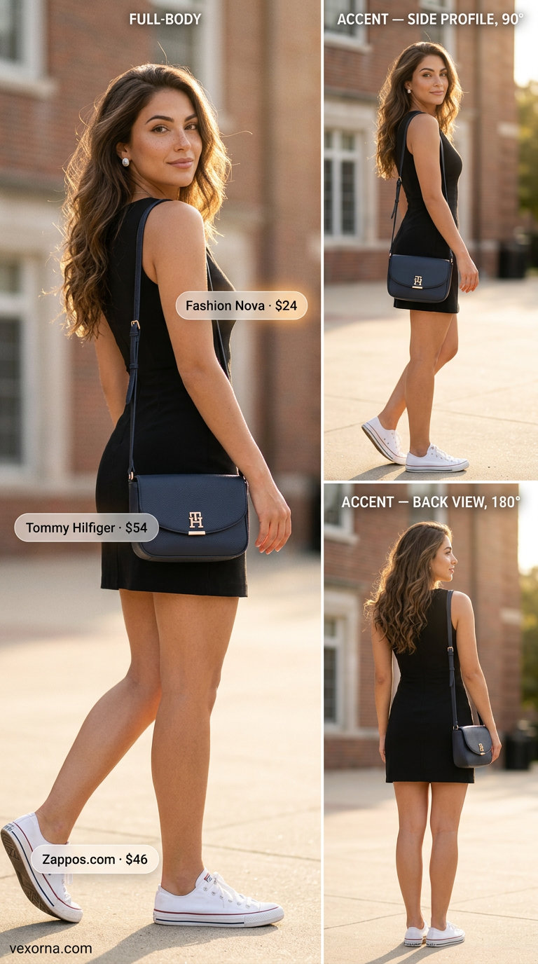 Navy blue crossbody bag with a white dress, a styling mistake for summer belted dress for women 2026.