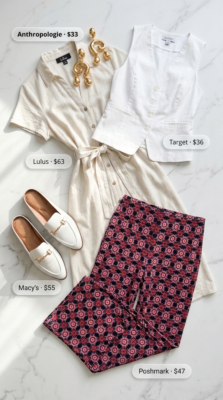 Artistic Dressy Pant Outfits Summer for Women 2026 Abstract Art Walk: Navy & coral abstract print trousers, white vest for dressy pant outfits summer for women 2026.