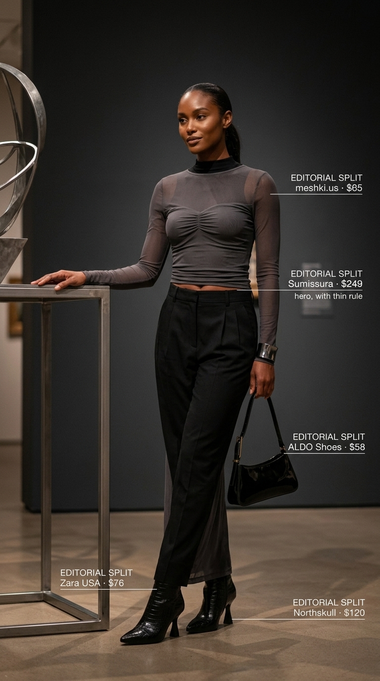 Dressy Pant Outfits Summer for Women 2026: Art Opening Sophistication Charcoal grey pinstripe pants with black mesh dress for dressy pant outfits summer for women 2026. Art opening outfit.