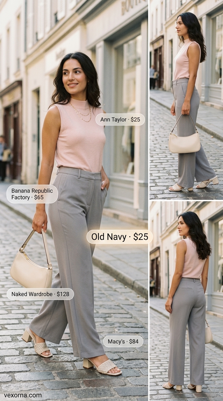 Elegant Dressy Pant Outfits Summer for Women 2026 Blush & Grey Brunch: Light grey pleated trousers, blush pink knit top for dressy pant outfits summer for women 2026.