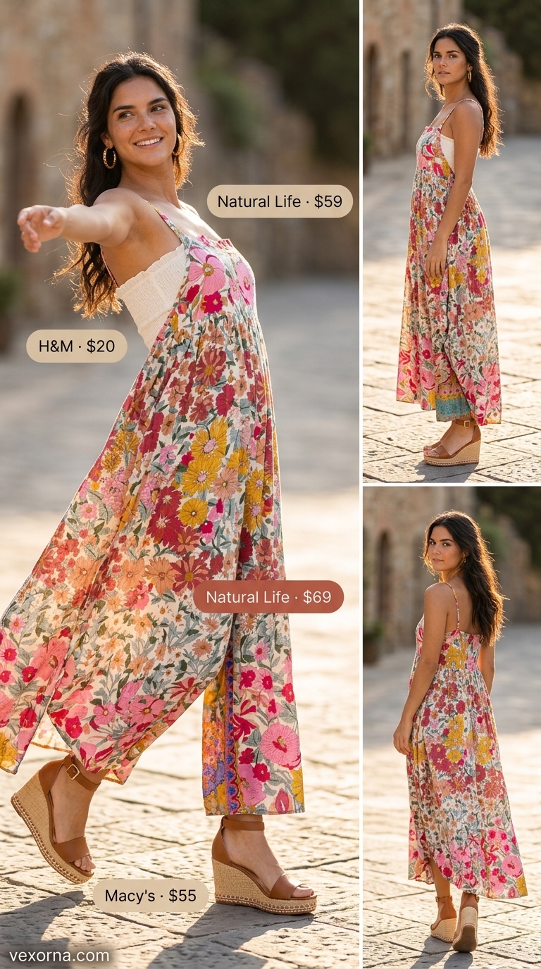 Bohemian Dressy Pant Outfits Summer for Women 2026 Bohemian Sunset Soiree: Terracotta floral palazzo pants, ivory bandeau top, gold hoops for dressy pant outfits summer for women 2026.