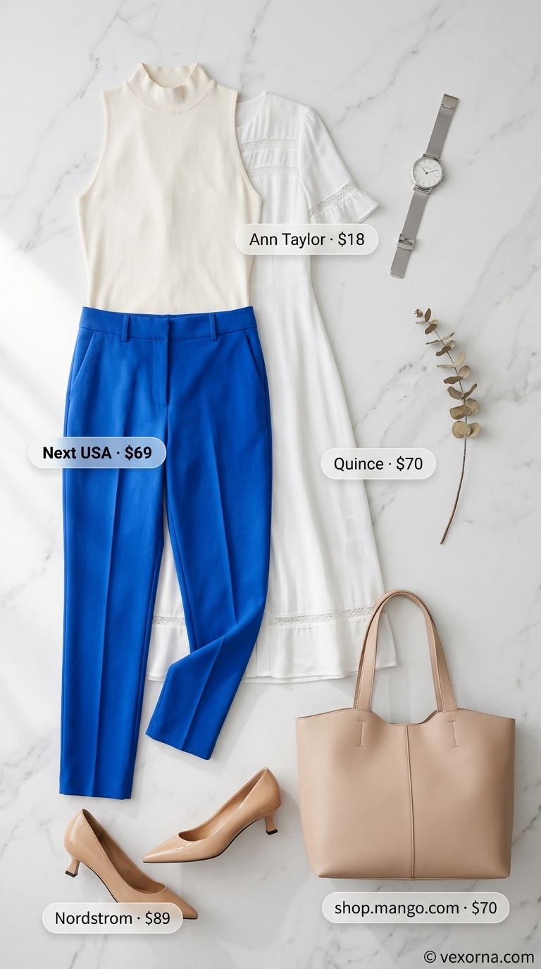 Professional Dressy Pant Outfits Summer for Women 2026 Cobalt Blue Power: Cobalt blue tapered trousers, white mock neck top for dressy pant outfits summer for women 2026.