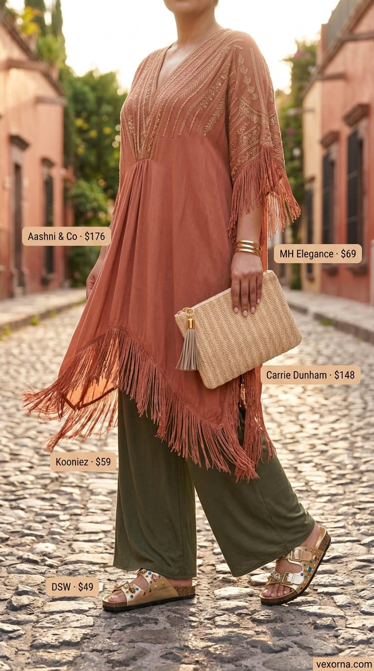 Dressy Pant Outfits Summer for Women 2026: Desert Gala Glam Olive green palazzo pants with terracotta caftan dress for dressy pant outfits summer for women 2026. Gala attire.