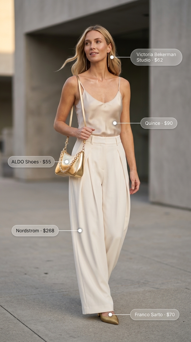 Dressy Pant Outfits Summer for Women 2026: Effortless Chic Ivory wide-leg trousers with cream slip dress for dressy pant outfits summer for women 2026. Chic dinner party look.