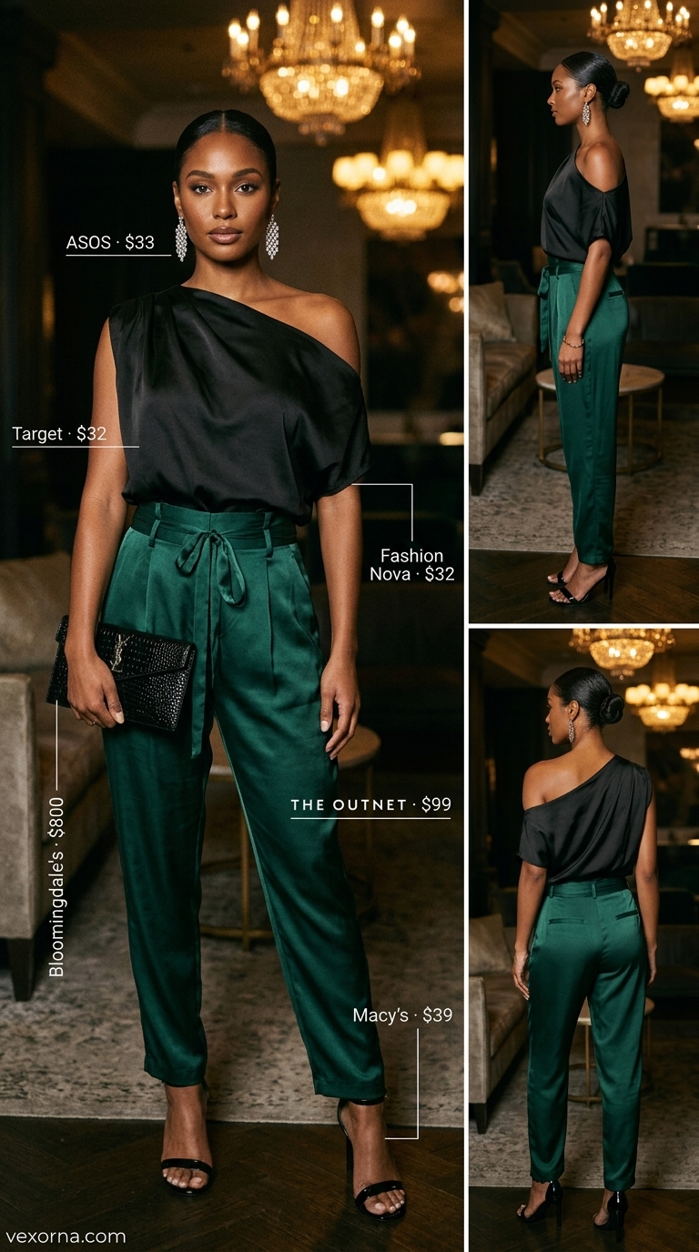 Emerald City Nights: Emerald green silk trousers, black satin top for dressy pant outfits summer for women 2026.