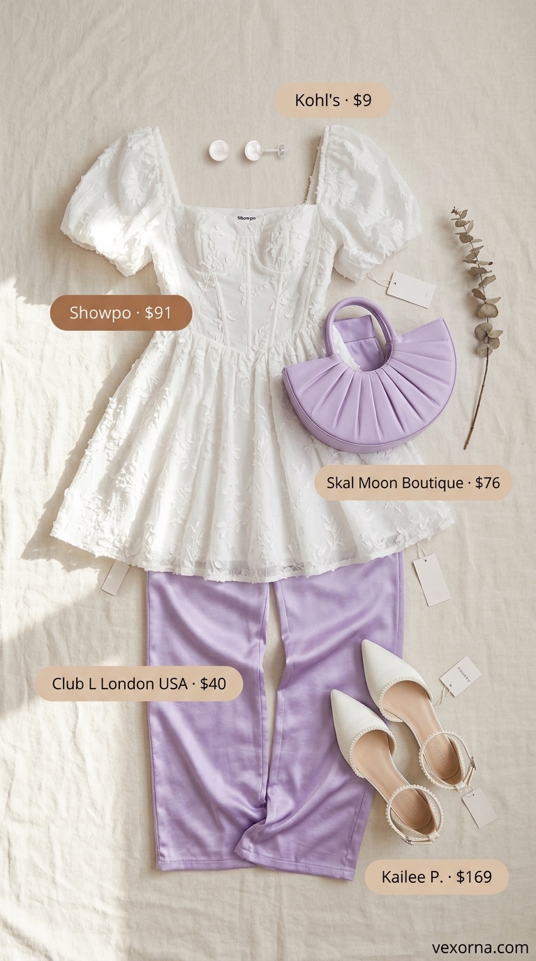 Dressy Pant Outfits Summer for Women 2026: Lavender Tea Party Lavender wide-leg trousers with white eyelet mini dress for dressy pant outfits summer for women 2026. Tea party style.