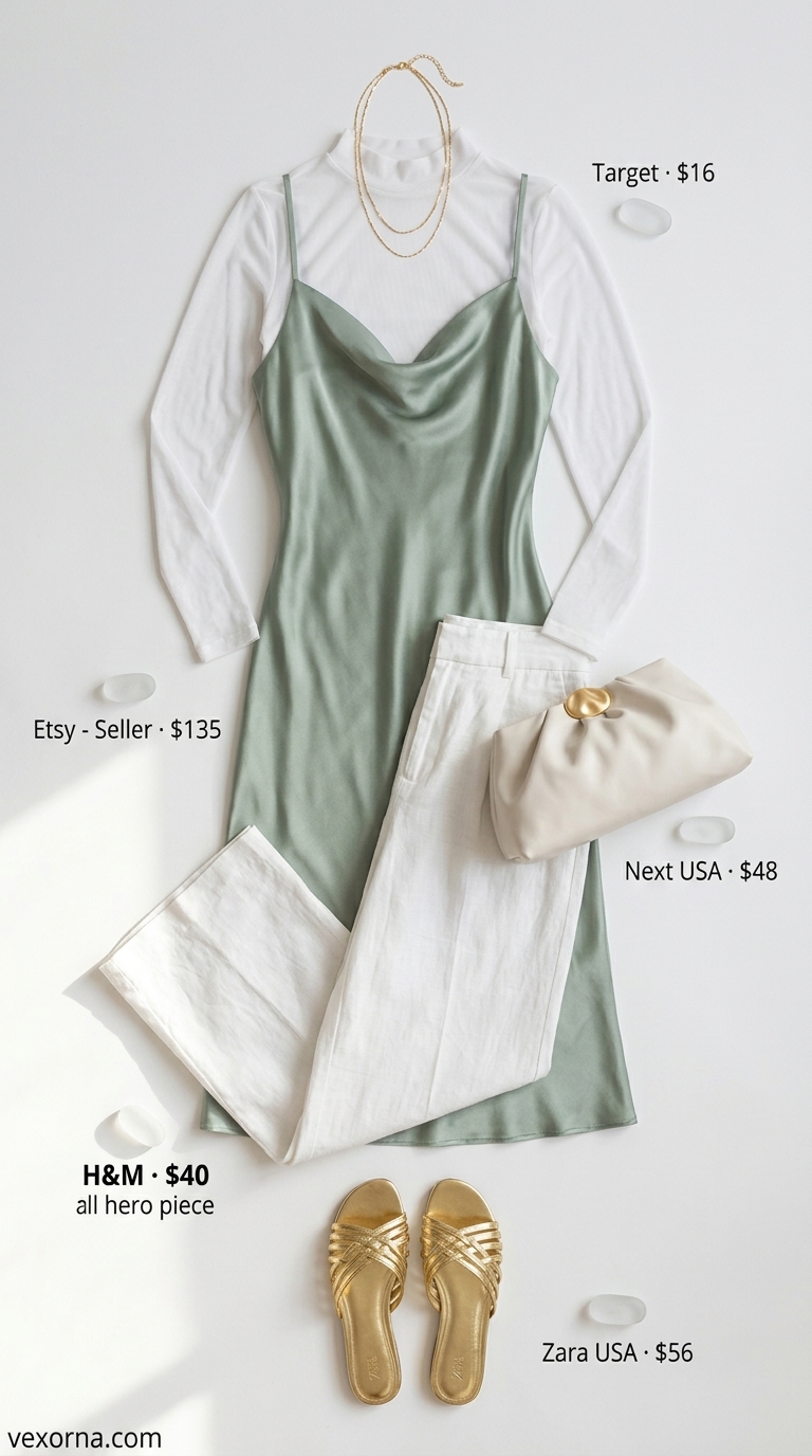 Luxurious Dressy Pant Outfits Summer for Women 2026 Riviera Evening Soiree: White linen trousers, sage green slip dress for dressy pant outfits summer for women 2026.