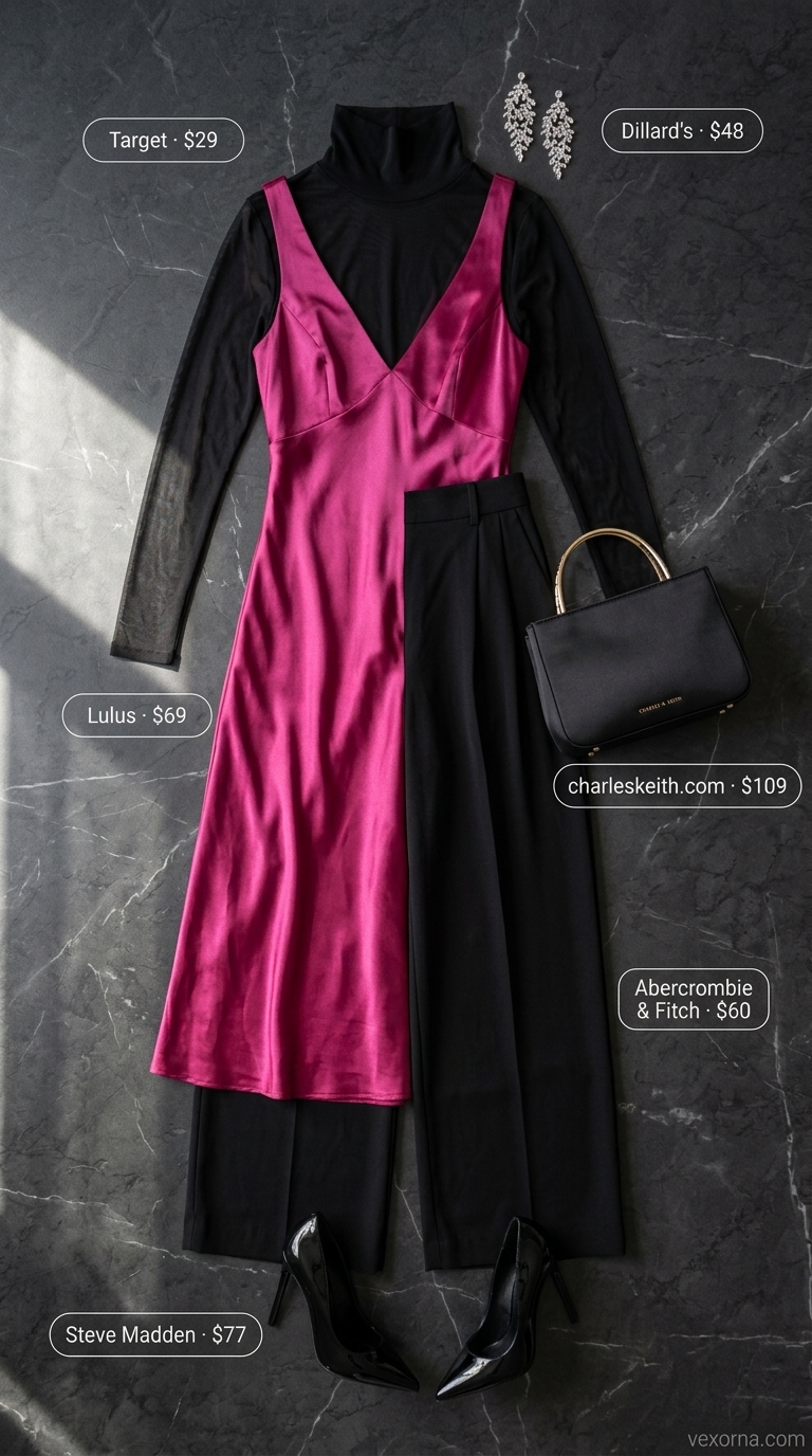 Dressy Pant Outfits Summer for Women 2026: Rooftop Glam Black palazzo pants with magenta slip dress for dressy pant outfits summer for women 2026. Cocktail party look.