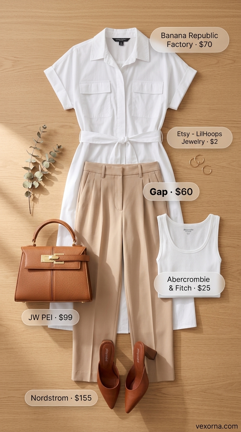 Polished Dressy Pant Outfits Summer for Women 2026 Safari Chic Lunch: Sand beige cropped trousers, white oversized shirt dress for dressy pant outfits summer for women 2026.