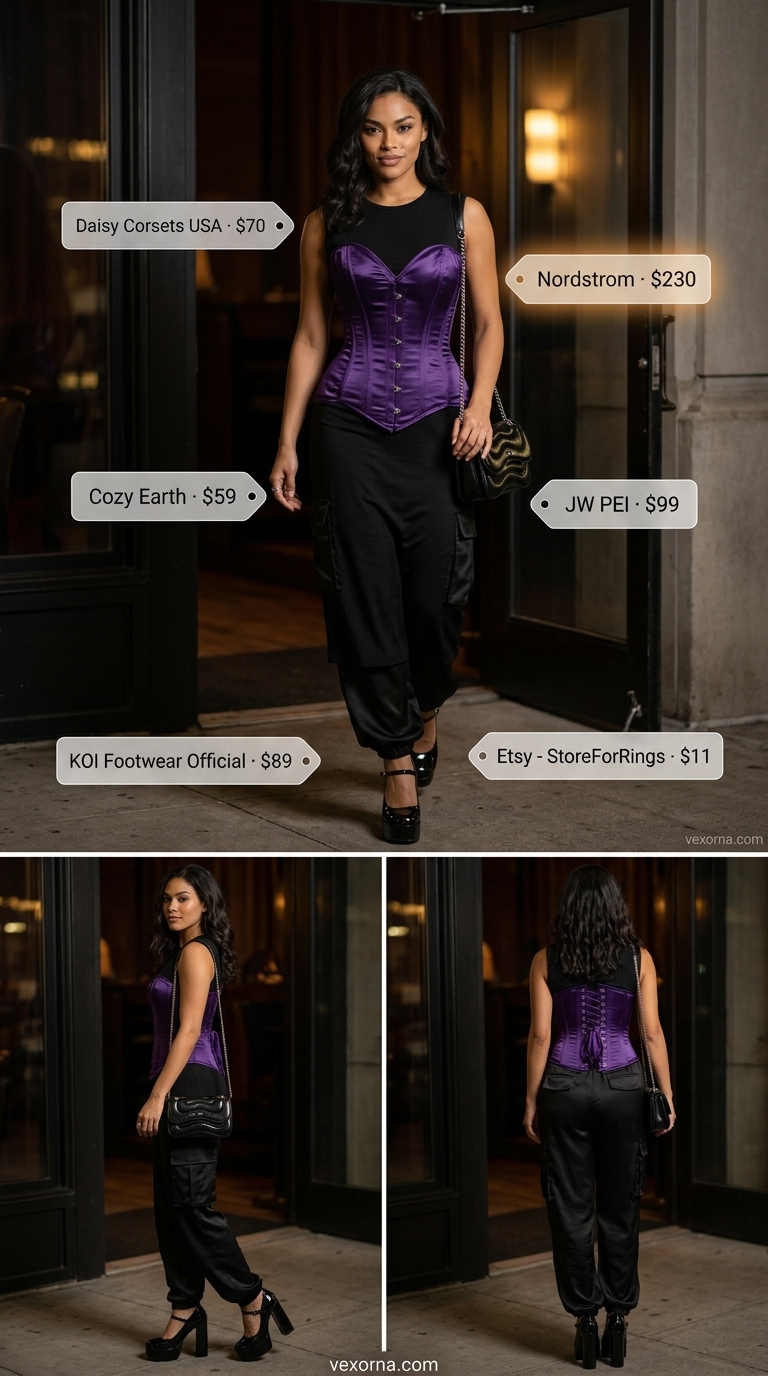 Edgy Dressy Pant Outfits Summer for Women 2026 Satin Cargo Rendezvous: Black satin cargo pants, deep purple corset top for dressy pant outfits summer for women 2026.