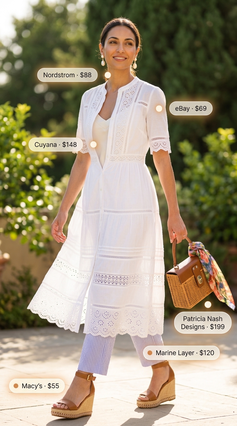 Dressy Pant Outfits Summer for Women 2026: Southern Charm Light blue seersucker pants with white eyelet shirt dress for dressy pant outfits summer for women 2026. Garden luncheon style.