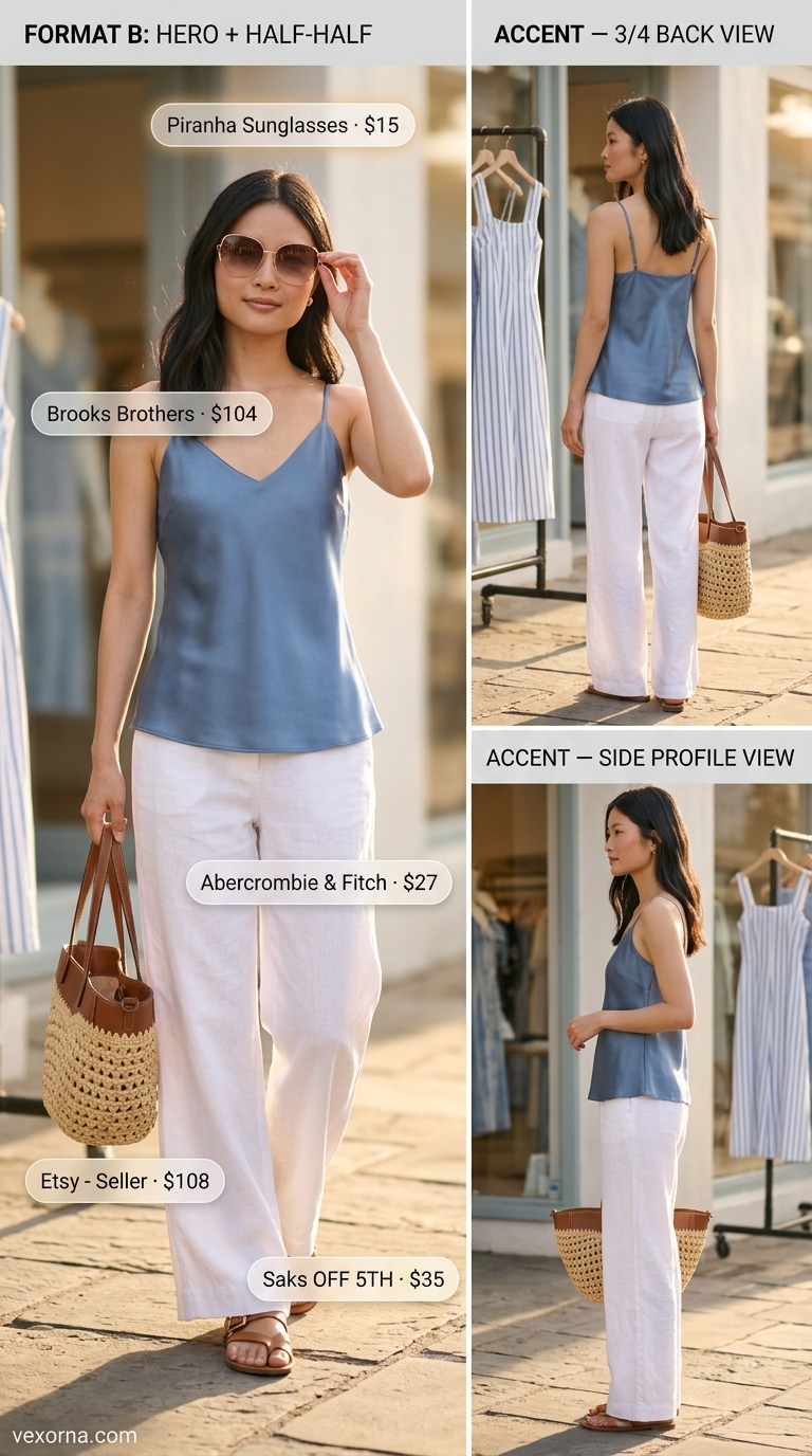 Chic Vacation Dressy Pant Outfits Summer for Women 2026 Vacation Paperbag Chic: Cream paperbag waist trousers, sky blue silk camisole for dressy pant outfits summer for women 2026.
