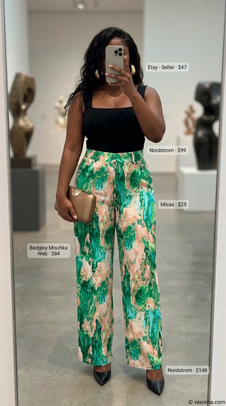 Art Gallery Avant-Garde Style 2026 Art gallery avant-garde outfit: multi-jewel print pants, black sleeveless dress, metallic clutch. Dressy pant outfits summer for women 2026.