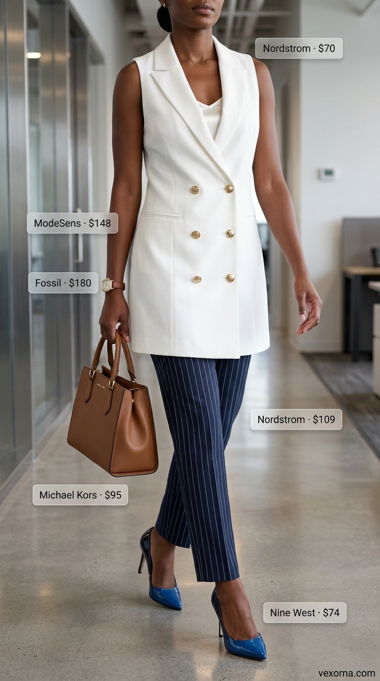 Boardroom to Bar Power Outfits 2026 Boardroom to bar power outfit: navy pinstripe pants, white blazer dress, satchel. Dressy pant outfits summer for women 2026.