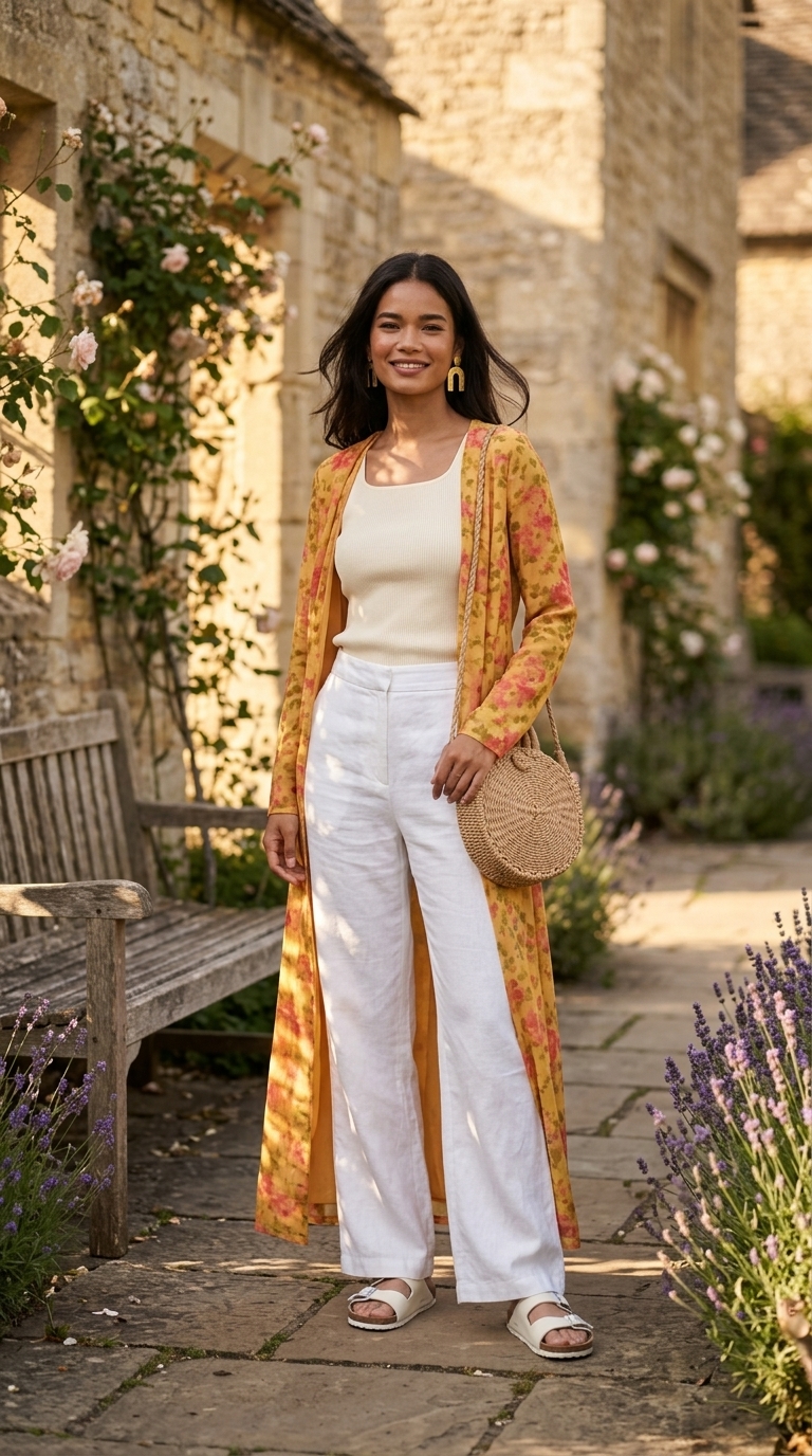 Bohemian Garden Brunch Outfits 2026 Bohemian garden brunch outfit: ivory linen pants, mustard floral maxi dress, tan slides. Dressy pant outfits summer for women 2026.