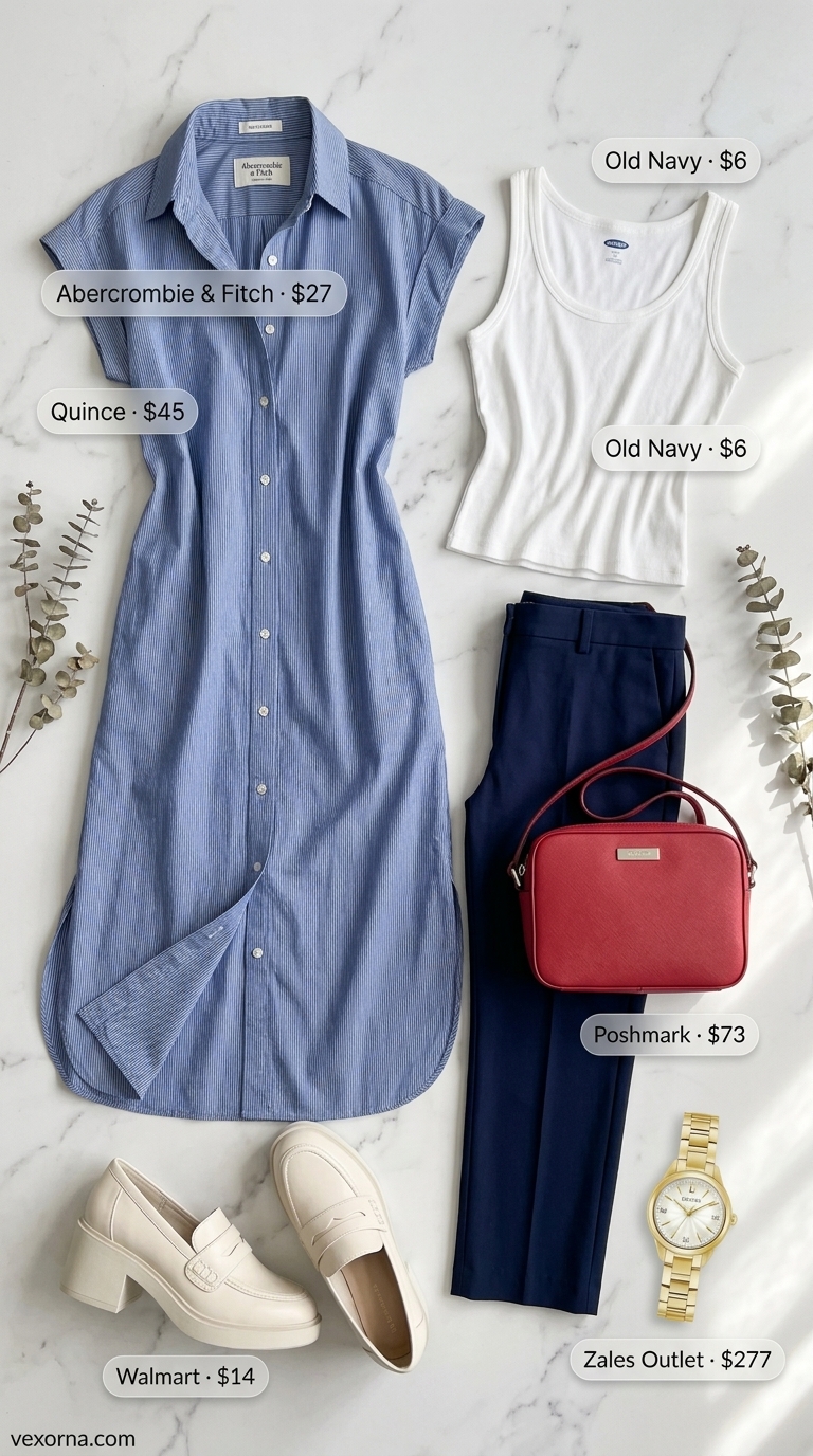 City Break Explorer Style 2026 City break explorer outfit: navy tailored pants, striped shirt dress, white loafers. Dressy pant outfits summer for women 2026.