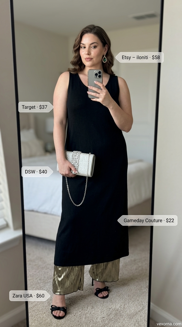 Gala Glamour Goddess Style 2026 Gala glamour outfit: gold wide-leg pants, black maxi dress, statement earrings. Dressy pant outfits summer for women 2026.