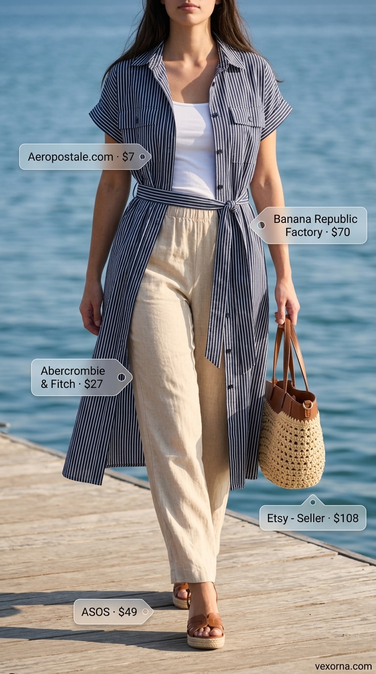 Riviera Yacht Club Chic 2026 Riviera yacht club outfit: white linen pants, navy stripe shirt dress, espadrilles. Dressy pant outfits summer for women 2026.